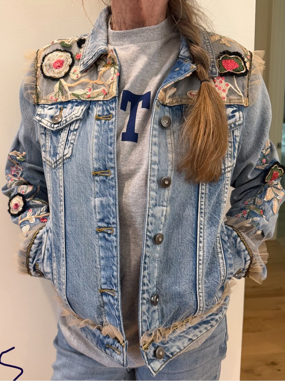 Desigual Embroidered Light Wash Denim Jacket with Floral Appliqué